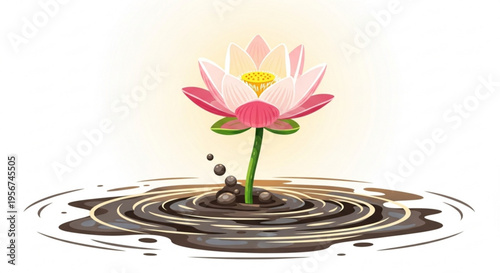 Pink lotus flower blooms in muddy water with ripples symbolizing growth and serenity in nature