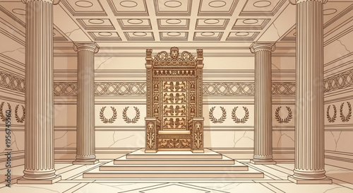 Ancient temple interior with ornate altar columns and decorative walls beige stone architecture