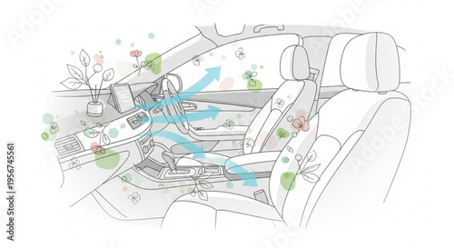 Car air purification system with arrows showing airflow and pollen particles being filtered in a vehicle interior