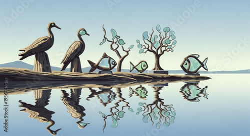 Two birds standing on a log by serene water with fish and trees reflecting calmness