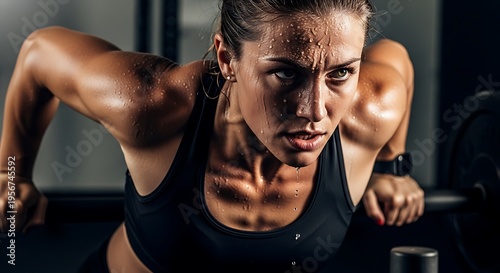 Woman intensely focused during a strenuous weightlifting workout, sweat dripping down her face