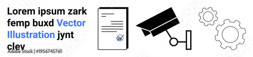 Security systems, document handling, automation tech, workflow optimization, data protection, monitoring. a security camera, document icon and gear symbols. Security systems and document handling