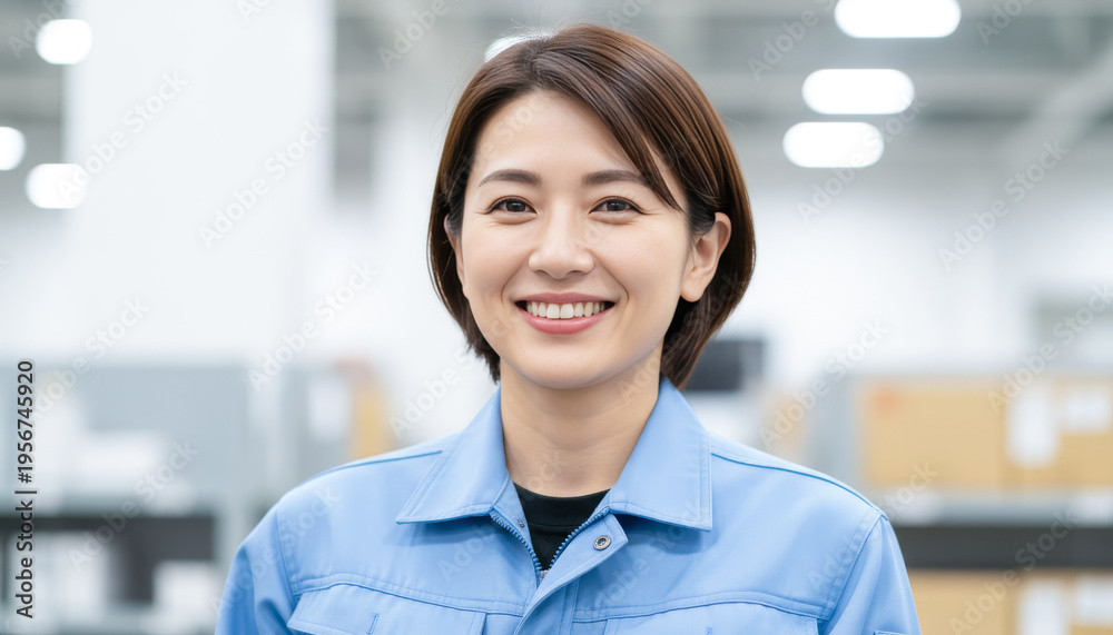 Obraz premium 物流倉庫で働く女性スタッフ：商品在庫管理