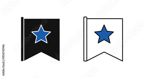 Set of 2 bookmark icons vector, blue star, black and white