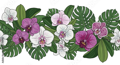 Tropical flowers and green leaves arrangement.