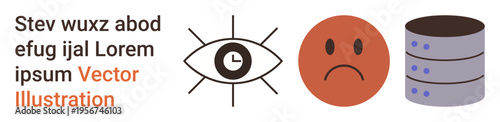 Data loss, technology management, workflow efficiency, emotional impact, analytics, and storage systems. Eye with clock, sad face and server icon. Data loss and technology management concepts