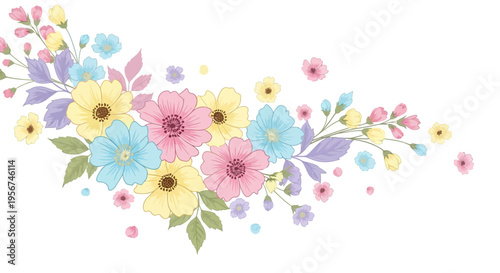 Colorful flowers with green leaves arrangement.
