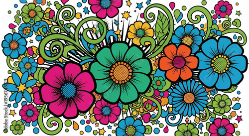 Colorful flowers with green leaves and swirls.