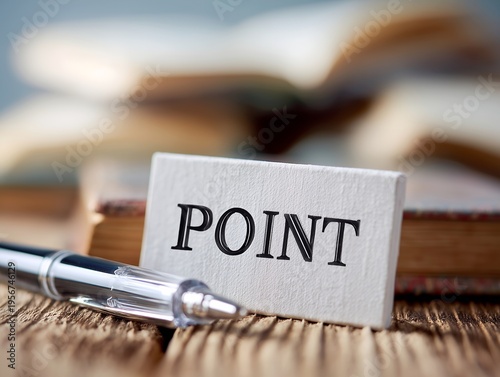 木目調のテーブルに置かれた本とペンと重要事項や要点を示すPOINTの文字のカード