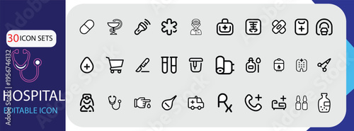Collection of thirty black and white medical icons for hospital themes