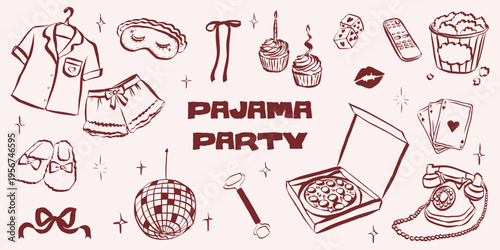 Pajama party doodle set with pizza, cupcake and bow. Hand sketched bachelorette icons perfect for greeting cards, vintage invitations and fun event designs. Outline whimsical symbols