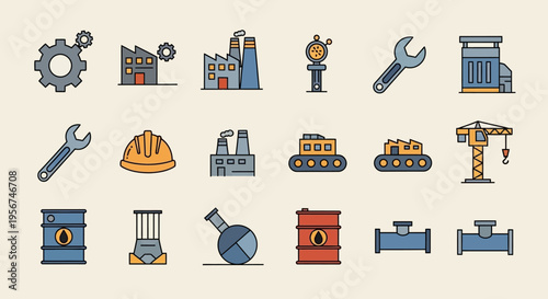 Industrial Construction Equipment Icons Set.