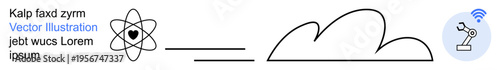 Science, technology, automation, cloud computing, data transfer, network connectivity. Atom with heart icon, cloud lines and wireless robotic arm. Technology and automation conceptual