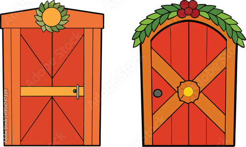 This antique wooden door features a vintage vector knocker and glass window set within an ancient stone building's architectural entrance frame