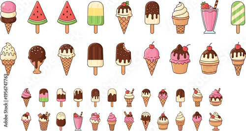 Ice Cream Dessert Vector Set with Popsicles Waffle Cones Sundaes Milkshake Cupcakes and Chocolate Toppings for Sweet Summer Treat Illustration Collection Design