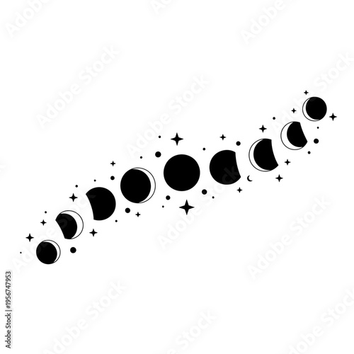 Illustration of lunar phases with stars and moons in space