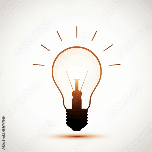 An illustration of a glowing light bulb emits rays on a white background