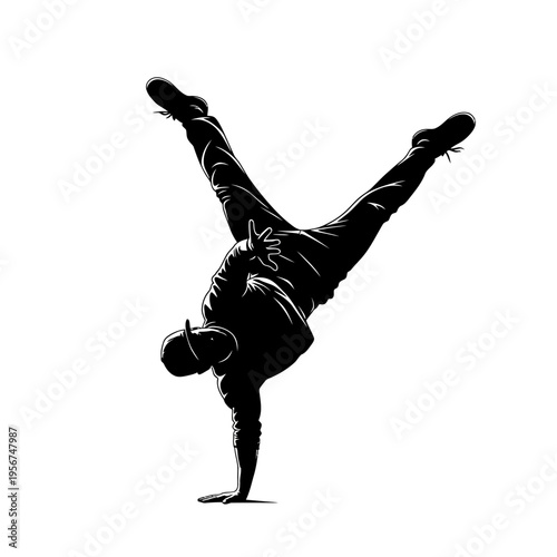 Dancer performs acrobatic handstand with legs raised high in air on one hand.
