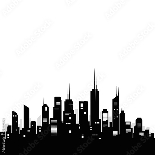 Black silhouette of a modern city skyline with tall buildings and skyscrapers at dusk.