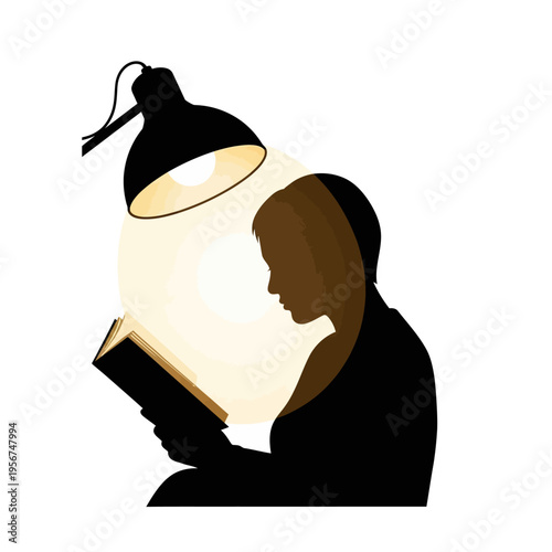 A woman reads a book under a light indoors.