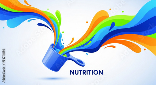 Vibrant liquid nutrition splash from a cup with colorful flowing streams