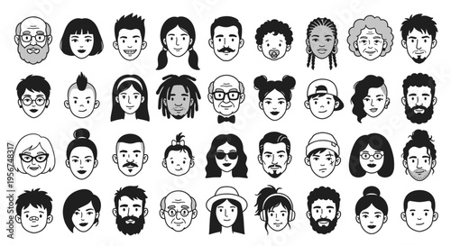 Professional collection of black and white hand drawn avatar icons featuring diverse people of various ages and styles isolated on white background.
