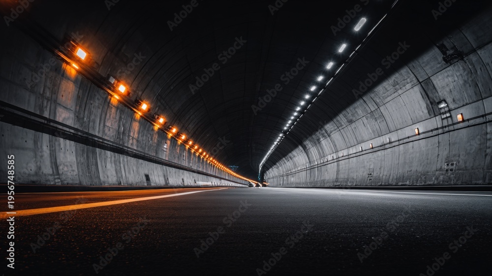Fototapeta premium Tunnel Interior with Dim Lighting and Vehicle Headlights in the Distance at Night