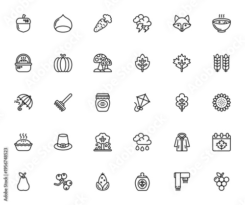 Autumn icon set. Seasonal vector illustrations. Includes acorn, pumpkin, leaf, fox, pie, corn, weather and more. Editable stroke.