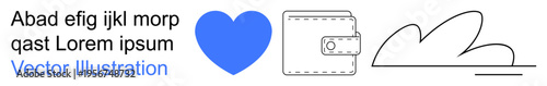 Love, personal finance, technology, online payments, security, digital assets. Blue heart, wallet and cloud icon in a minimal style. Love and personal finance concept icons