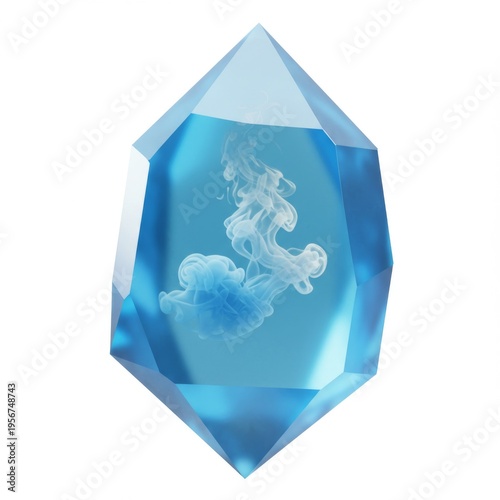 Translucent Blue Crystal Gemstone with Wispy White Inclusions on White Backdrop