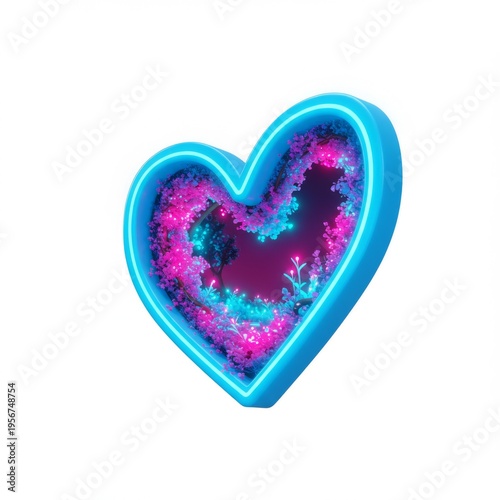 Bright Neon Heart with Glowing Pink and Blue Interior on White Background