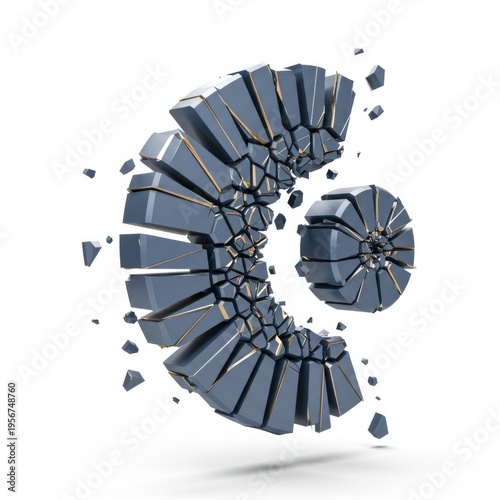 Abstract Geometric Shape with Fractured Gray Texture on a White Background