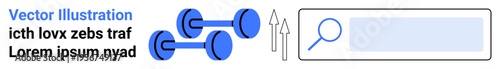 Fitness tracking, search tools, progress, online services, workout tracking, user interactions. Two blue dumbbells, search bar and arrows. Fitness tracking and search tools concepts