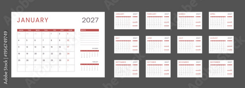 Set 12 Pages Monthly Calendar Planner Templates 2027 year with note. Vector mockup of wall, desktop calendar organizer grid ready print. Week starting on Monday. Page schedule size A4 - 21x29.7 cm