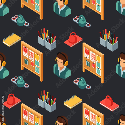 Seamless isometric pattern of office supplies, people with headphones, and a bulletin board on a dark background
