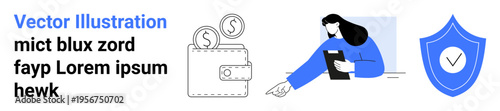 Money management, financial protection, online transactions, secure payments, personal savings, fraud prevention. Wallet with coins, woman reviewing document blue shield with a checkmark. Financial