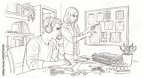 Two people working together in a creative space, one listening to music and the other pointing at a mood board.