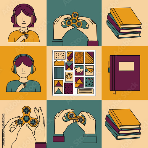 Modern leisure and learning activities collection with people listening to audio, hands holding fidget spinners, and stacks of books and notebooks.