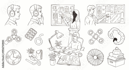 Modern lifestyle line art illustration set: people, technology, work, and leisure. Features headphones, desk scenes, fidget spinners, and various everyday objects for design.