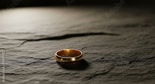 A single gold wedding ring rests on a dark, textured stone surface