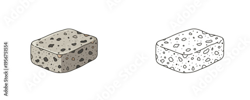 Pumice stone block vector illustrations shown in colored cartoon and black outline linear styles, porous grey and brown mineral tones, representing natural volcanic rock on white background