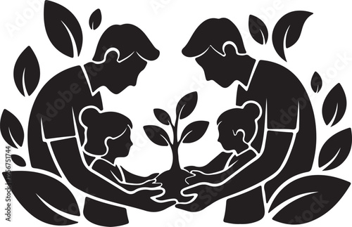 Two families, each with an adult and child, nurturing a young plant, surrounded by leaves. A symbolic silhouette of environmental care, sustainability, and generational stewardship.