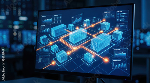 Ai supply chain network dashboard on monitor screen glowing in dark room