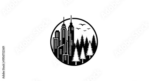Black and white city skyline illustration.