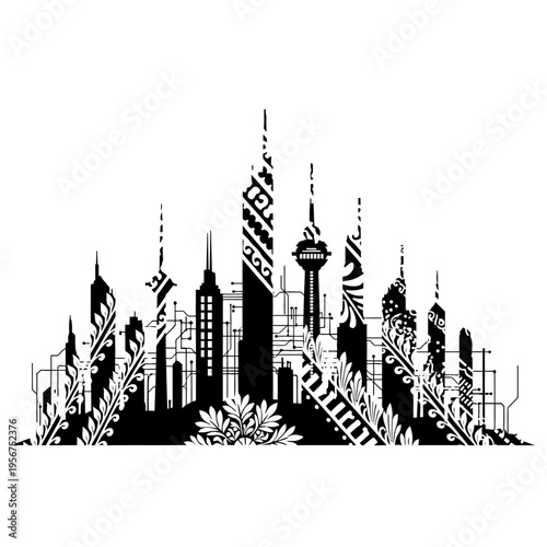Black and white city skyline towers.