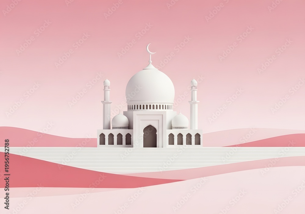 Fototapeta premium White mosque with crescent moon on pink dunes background