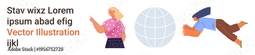 Global communication, teamwork, collaboration, international connection, networking, diversity. Illustrated figures interacting with a globe icon. Global communication and teamwork are the focus