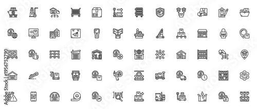 Warehouse icon set. Logistics vector icons pack. Includes trolley, parcel, barcode scanner, forklift, conveyor belt, delivery box and more. Editable stroke.