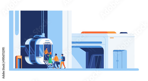 People riding Elevators in a futuristic Space Station Concept building