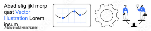 Data analysis, business growth, decision-making, teamwork, process optimization, performance evaluation. Graph chart, gear symbol and individuals balancing ideas. Data analysis and business growth